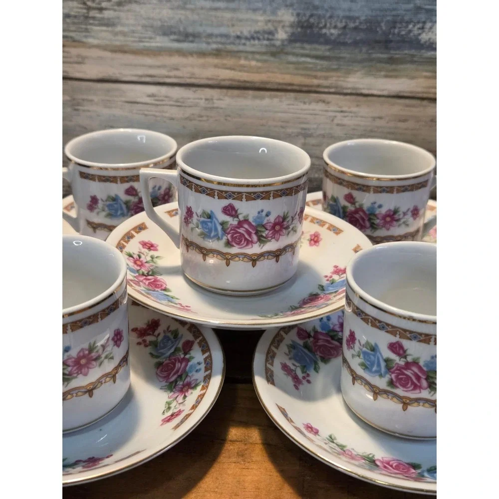 Vintage Floral Tea Cups and Saucers Set of 6‎ Porcelain Espresso Coffee Date